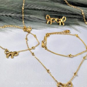 Bow Necklace Complete Jewelry Set with Bracelet, Studs, and Sleek Anklet – Waterproof, Anti Tarnish, Hypoallergenic