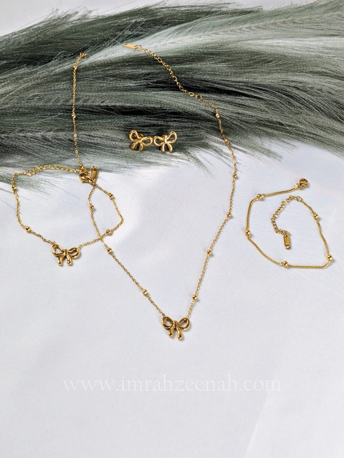 Bow Necklace Complete Jewelry Set with Bracelet, Studs, and Sleek Anklet – Waterproof, Anti Tarnish, Hypoallergenic