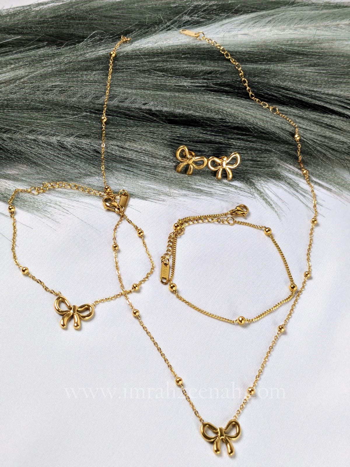 Bow Necklace Complete Jewelry Set with Bracelet, Studs, and Sleek Anklet – Waterproof, Anti Tarnish, Hypoallergenic