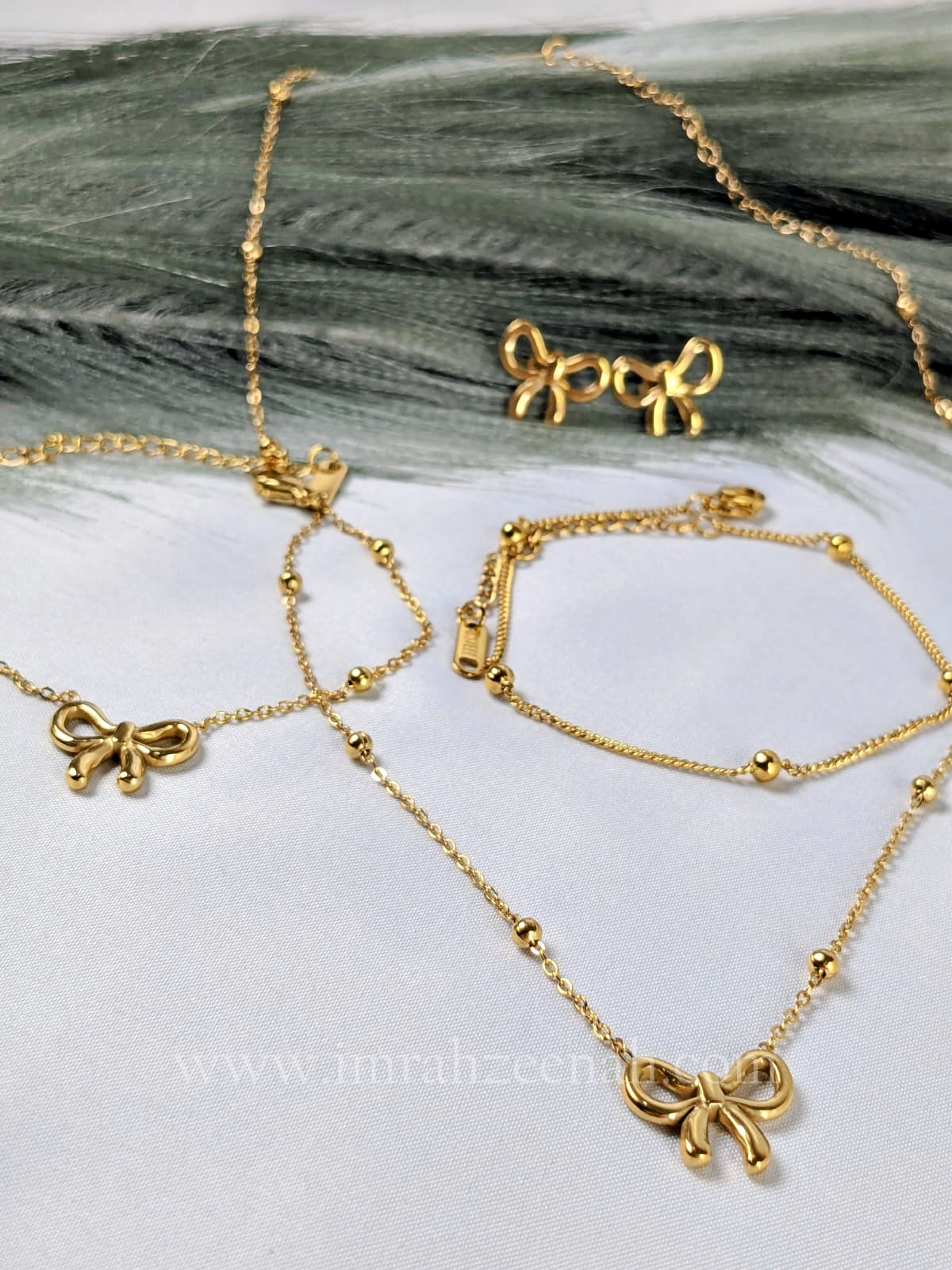 Bow Necklace Complete Jewelry Set with Bracelet, Studs, and Sleek Anklet – Waterproof, Anti Tarnish, Hypoallergenic