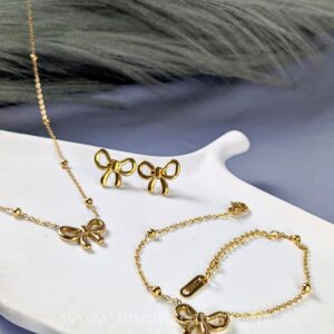Bow Necklace Jewelry Set with Bracelet & Stud Earrings – Waterproof, Anti Tarnish, Stainless Steel, Hypoallergenic