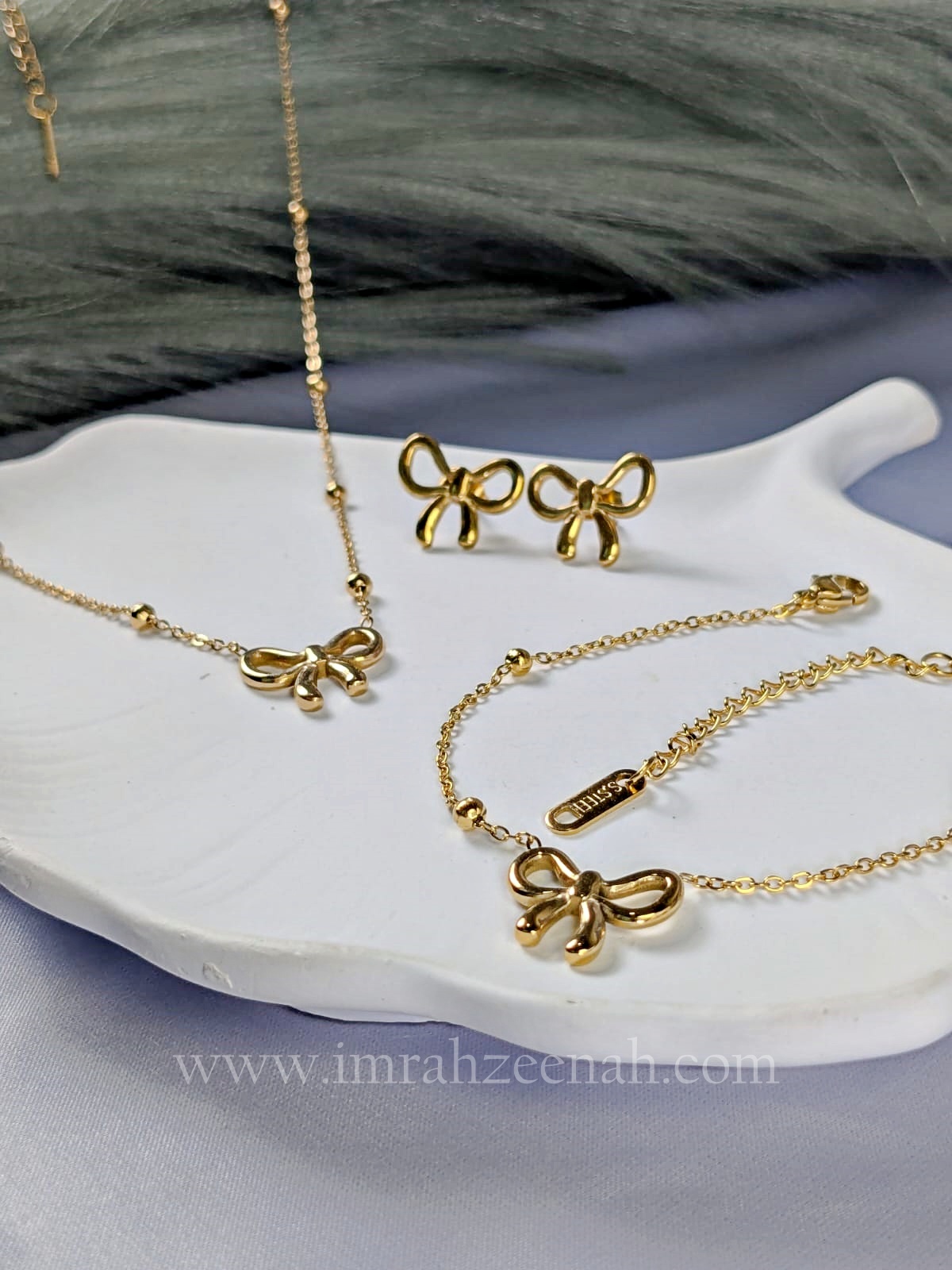 Bow Necklace Jewelry Set with Bracelet & Stud Earrings – Waterproof, Anti Tarnish, Stainless Steel, Hypoallergenic