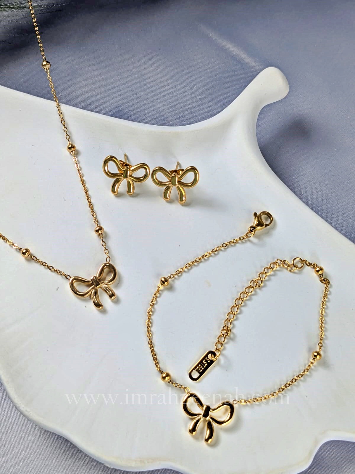 Bow Necklace Jewelry Set with Bracelet & Stud Earrings – Waterproof, Anti Tarnish, Stainless Steel, Hypoallergenic