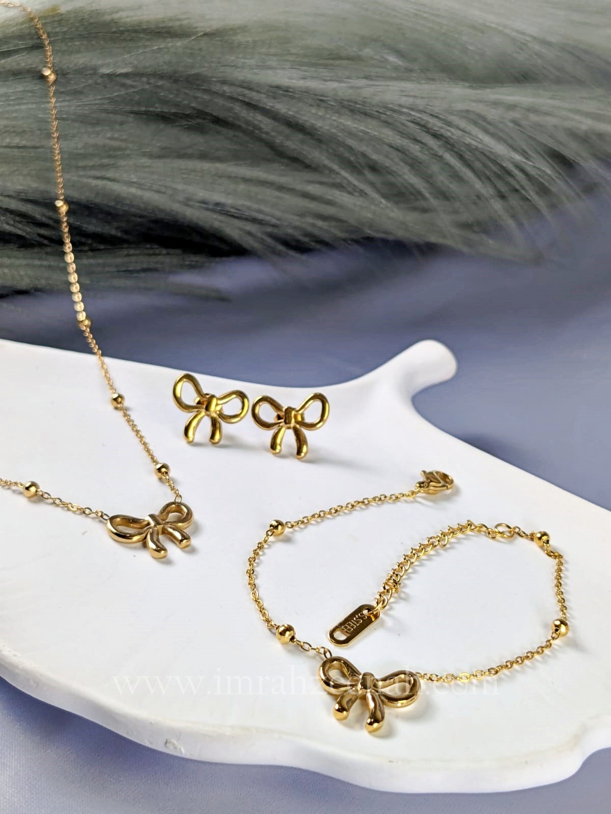 Bow Necklace Jewelry Set with Bracelet & Stud Earrings – Waterproof, Anti Tarnish, Stainless Steel, Hypoallergenic