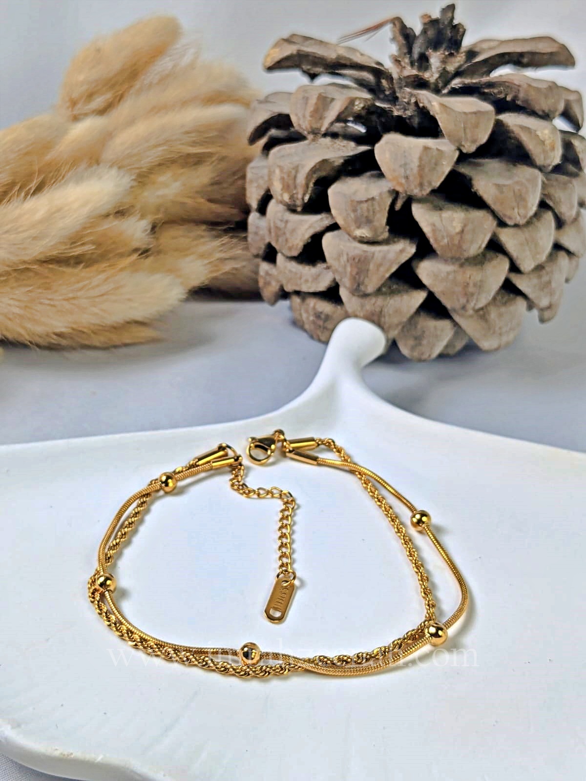 Dual Chain Anklet – Cordena Rope & Golden Ball Beads Waterproof Jewelry