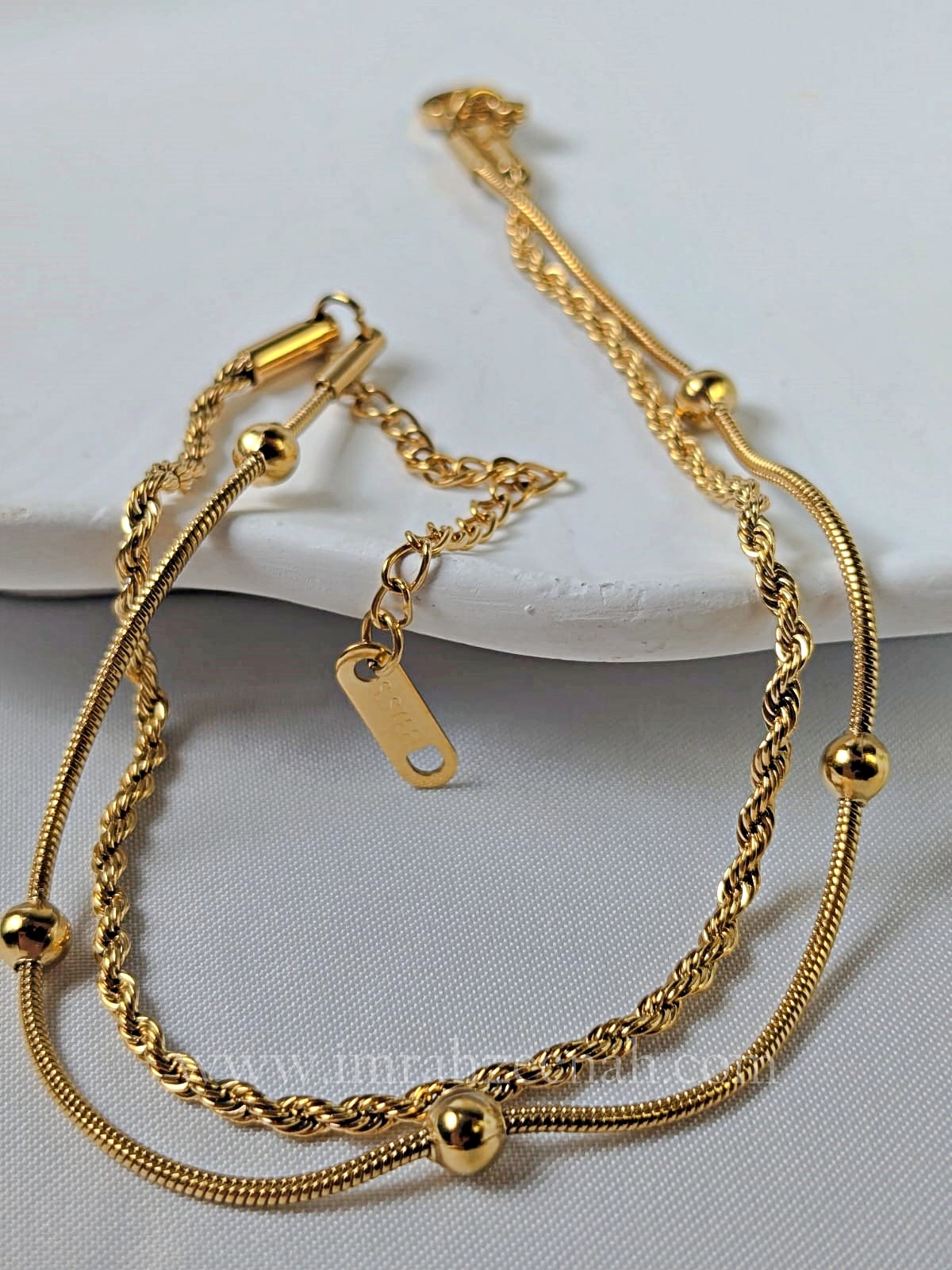 Dual Chain Anklet – Cordena Rope & Golden Ball Beads Waterproof Jewelry