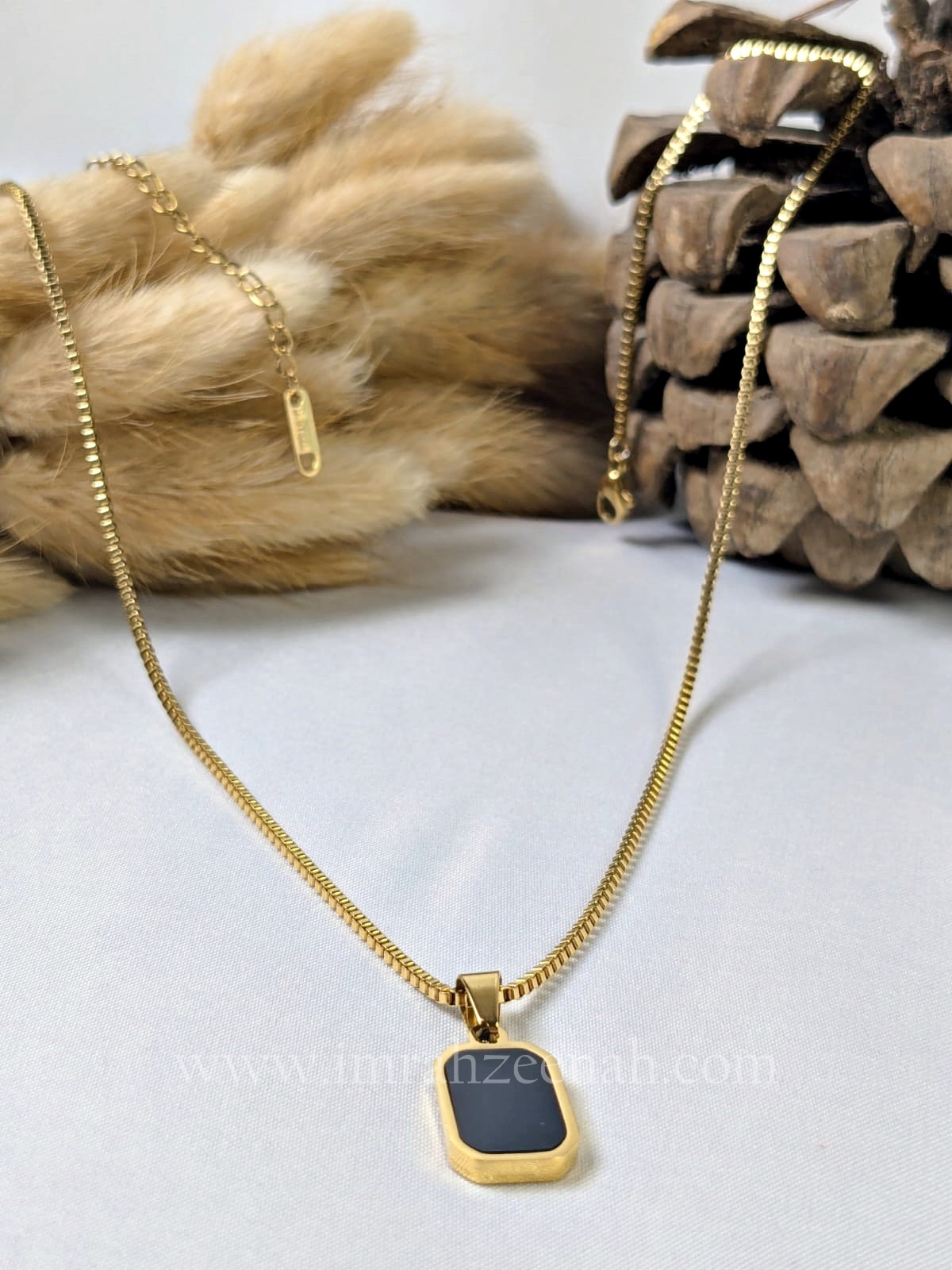 Dual-Tone Rectangle Chip Pendant Necklace Black & White Stainless Steel