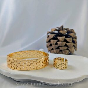 Gold Plated Adjustable Wide Cuff & Matching Ring Set – Stainless Steel Jewelry for women in Pakistan