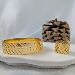 Gold Plated Adjustable Wide Cuff & Matching Ring Set – Stainless Steel Jewelry for women in Pakistan