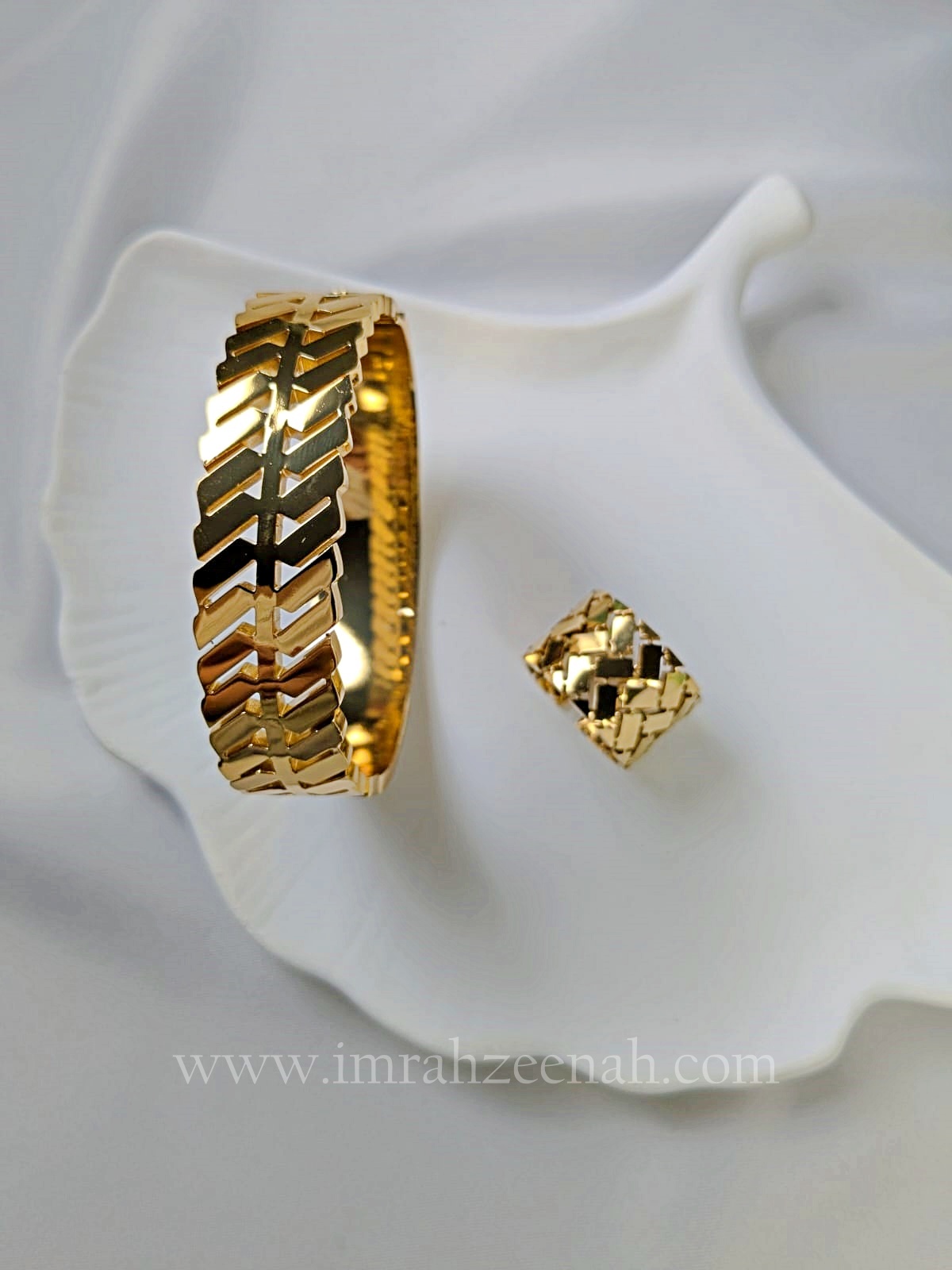 Gold Plated Adjustable Wide Cuff & Matching Ring Set – Stainless Steel Jewelry for women in Pakistan