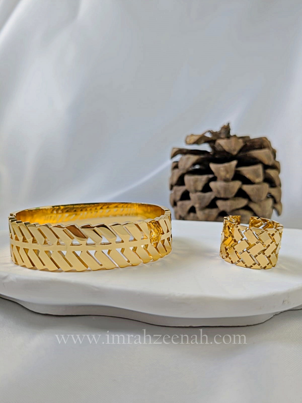 Gold Plated Adjustable Wide Cuff & Matching Ring Set – Stainless Steel Jewelry for women in Pakistan