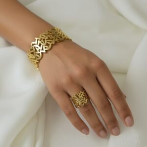 Gold Plated Luxe Leaf Adjustable Wide Cuff & Ring Set