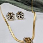 Golden Round Emblem Necklace & Studs Jewelry Set