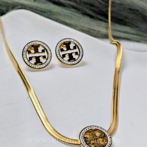 Golden Round Emblem Necklace with Stud Earrings – Stainless Steel Jewelry Set