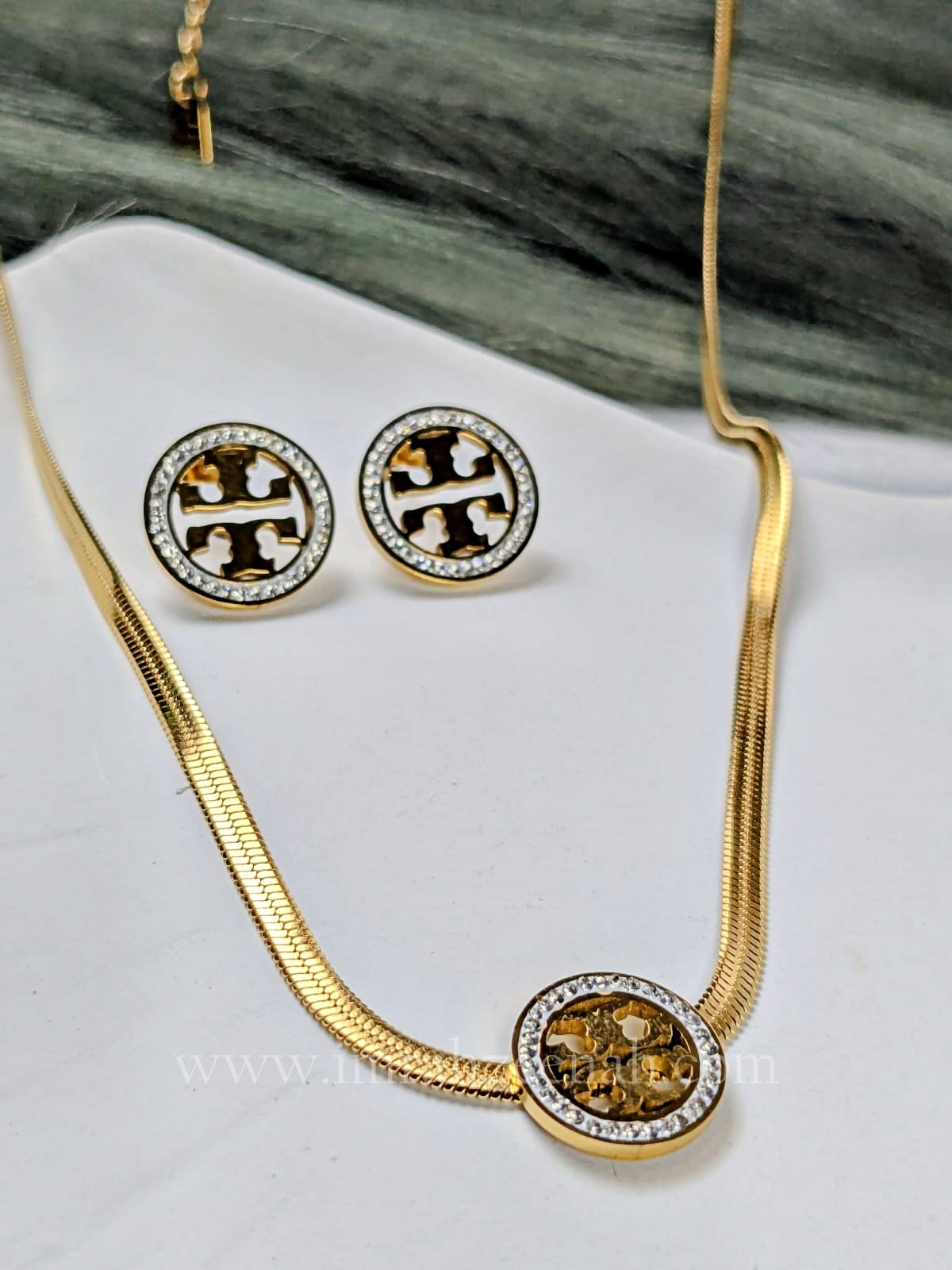 Golden Round Emblem Necklace with Stud Earrings – Stainless Steel Jewelry Set
