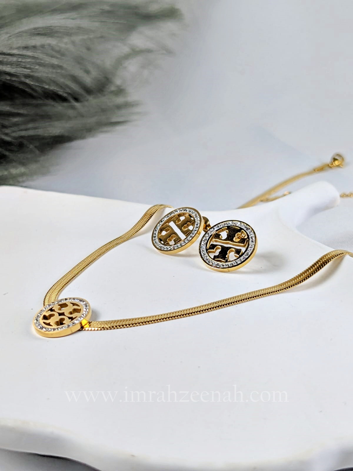 Golden Round Emblem Necklace with Stud Earrings – Stainless Steel Jewelry Set