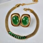 Green Gemstone Jewelry Set – Bracelet & Earrings in Gold Finish