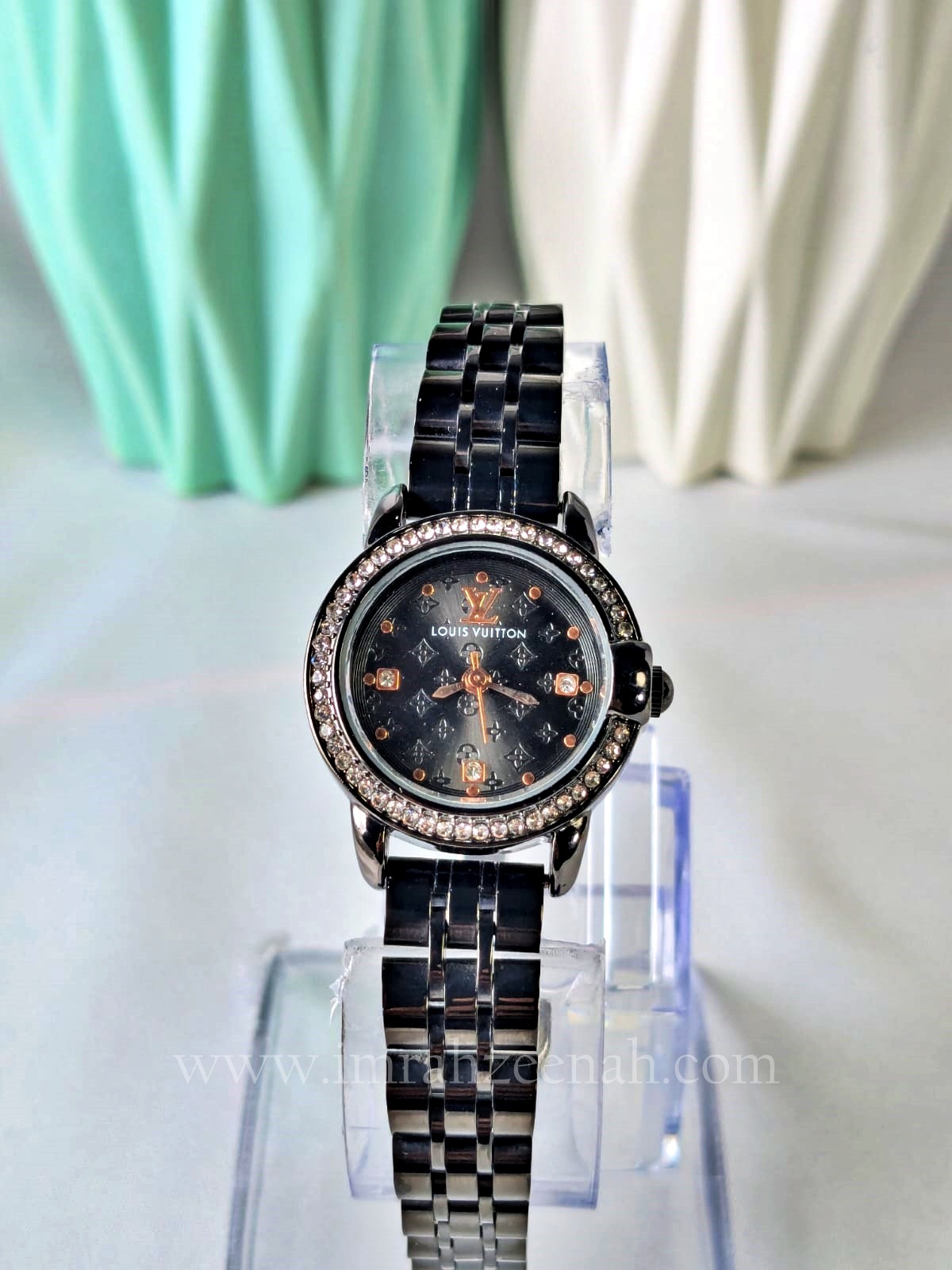 LV Inspired watch with diamontees black color stainless steel bracelet