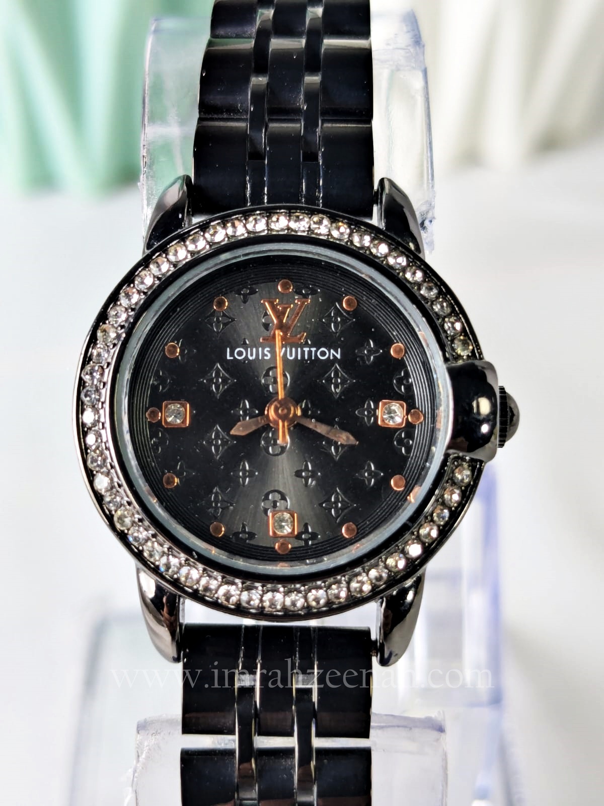 LV Inspired watch with diamontees black color stainless steel bracelet