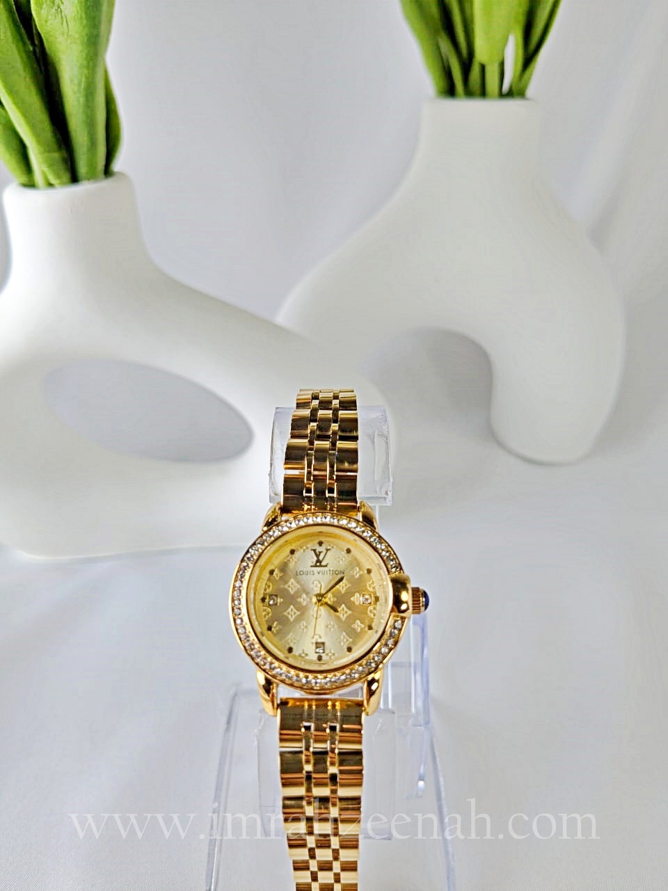 LV Inspired watch with diamontees golden color stainless steel bracelet