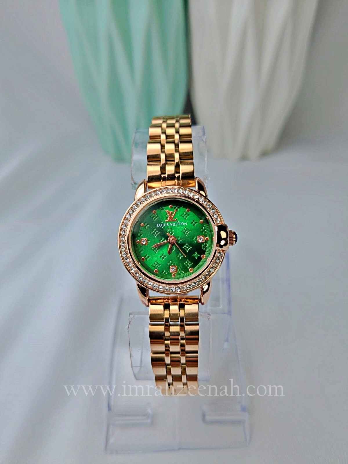 LV Inspired watch with diamontees green color stainless steel bracelet