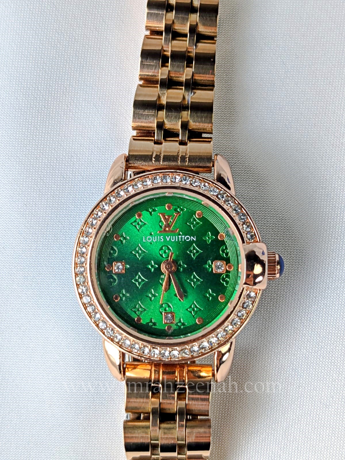 LV Inspired watch with diamontees green color stainless steel bracelet