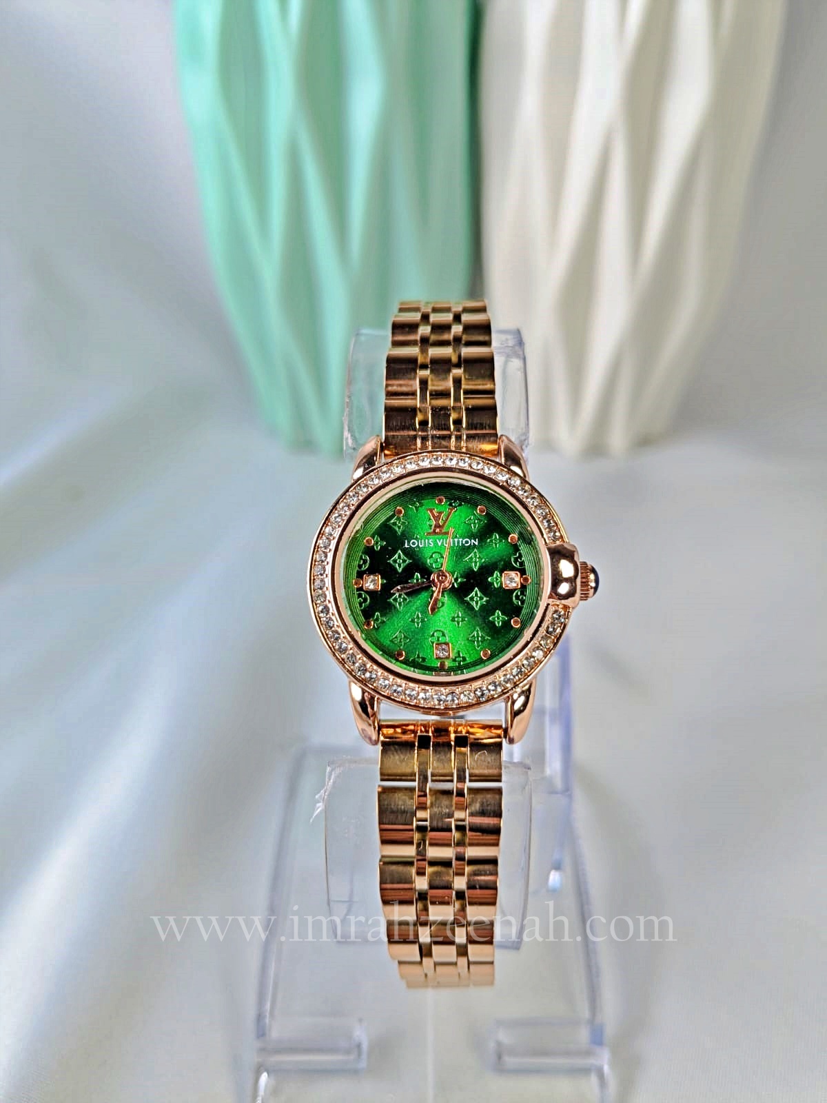 LV Inspired watch with diamontees green color stainless steel bracelet