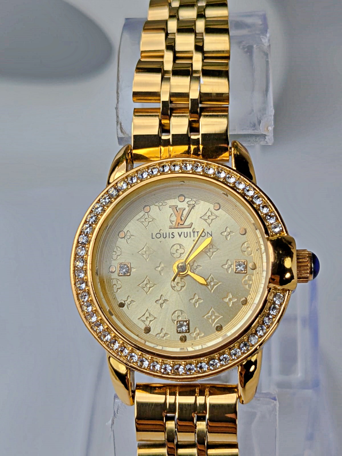 LV Inspired watch with diamontees golden color stainless steel bracelet