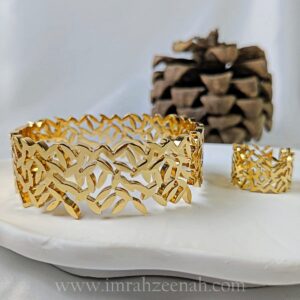 Gold Plated luxe leaf Adjustable Wide Cuff & Matching Ring Set – Stainless Steel Jewelry for women in Pakistan