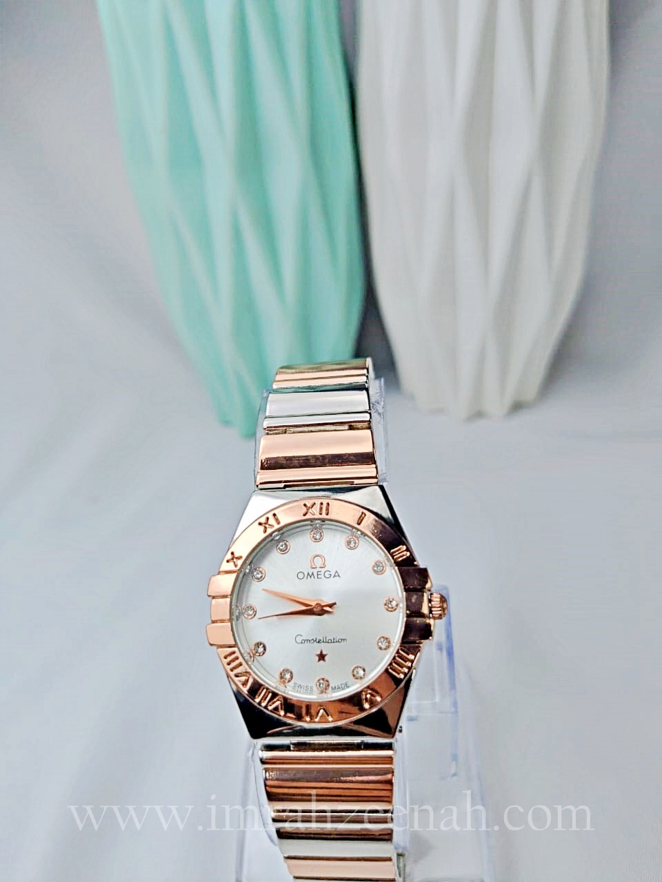 omega constellation inspired ladies wrist watch stainless steel bracelet two tone rosegold and silver