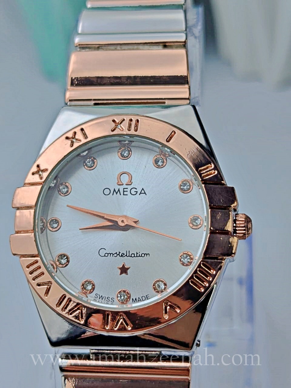 omega constellation inspired ladies wrist watch stainless steel bracelet two tone rosegold and silver