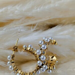 Gold Pearl Cluster Hoop Earrings with Crystals