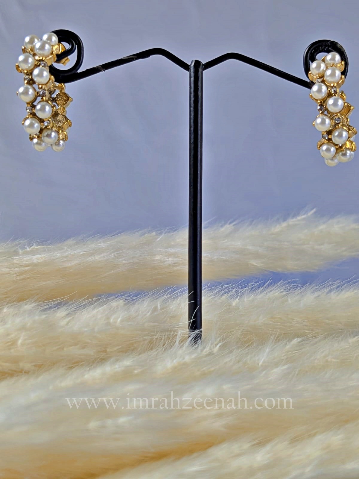 Gold Pearl Cluster Hoop Earrings with Crystals