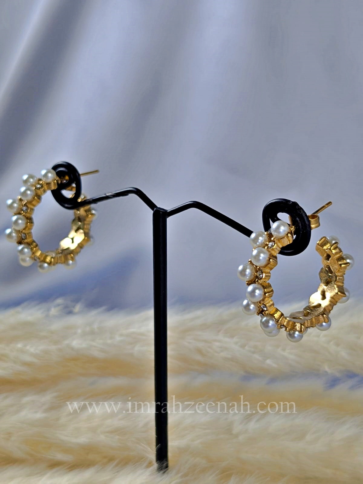 Gold Pearl Cluster Hoop Earrings with Crystals
