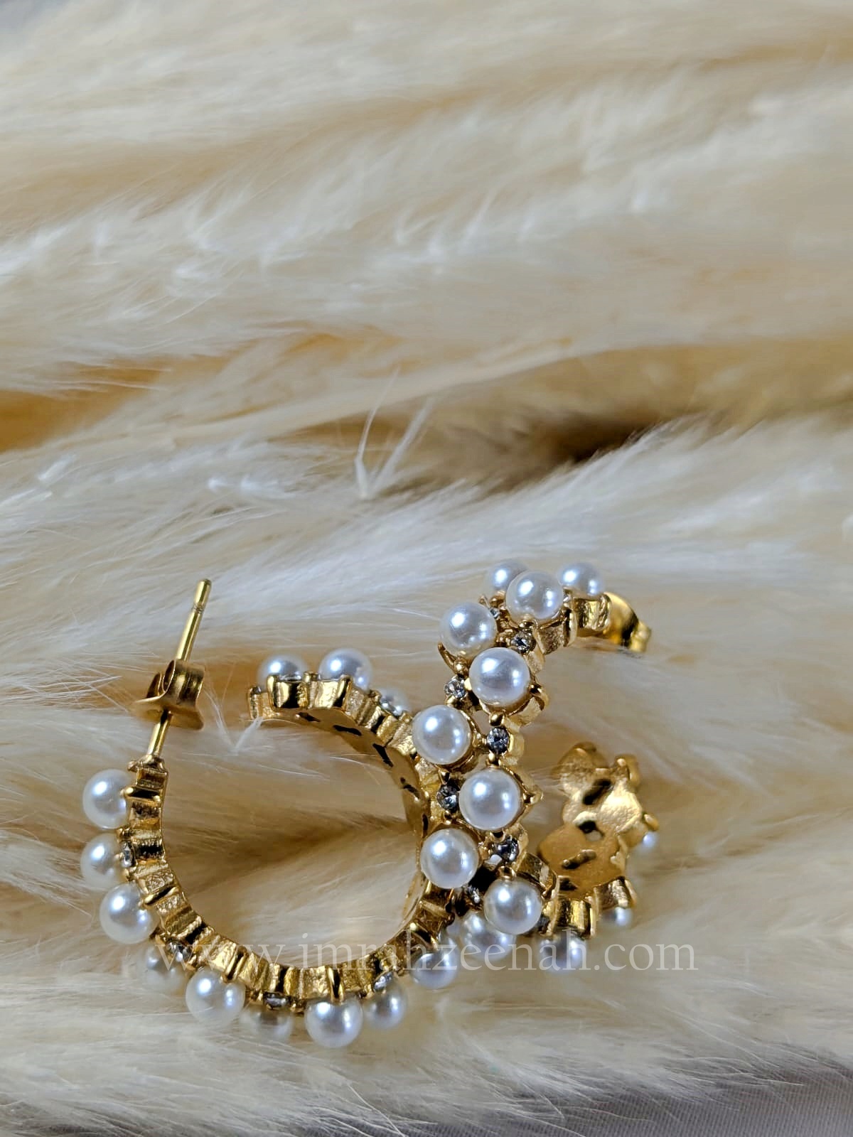 Gold Pearl Cluster Hoop Earrings with Crystals