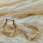 Pearl & Crystal Textured Hoop Earrings – Gold Finish