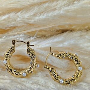 Pearl & Crystal Textured Hoop Earrings – Gold Finish, Stainless Steel