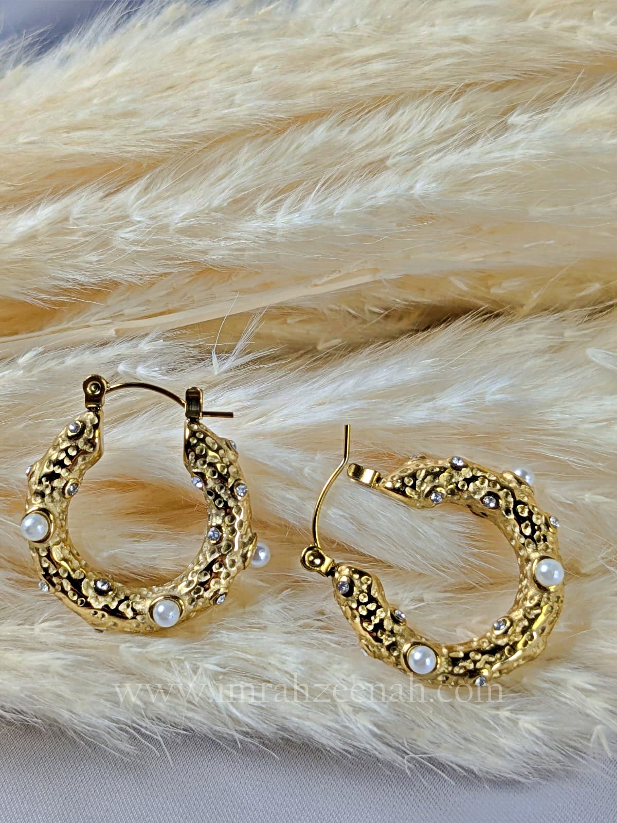 Pearl & Crystal Textured Hoop Earrings – Gold Finish, Stainless Steel