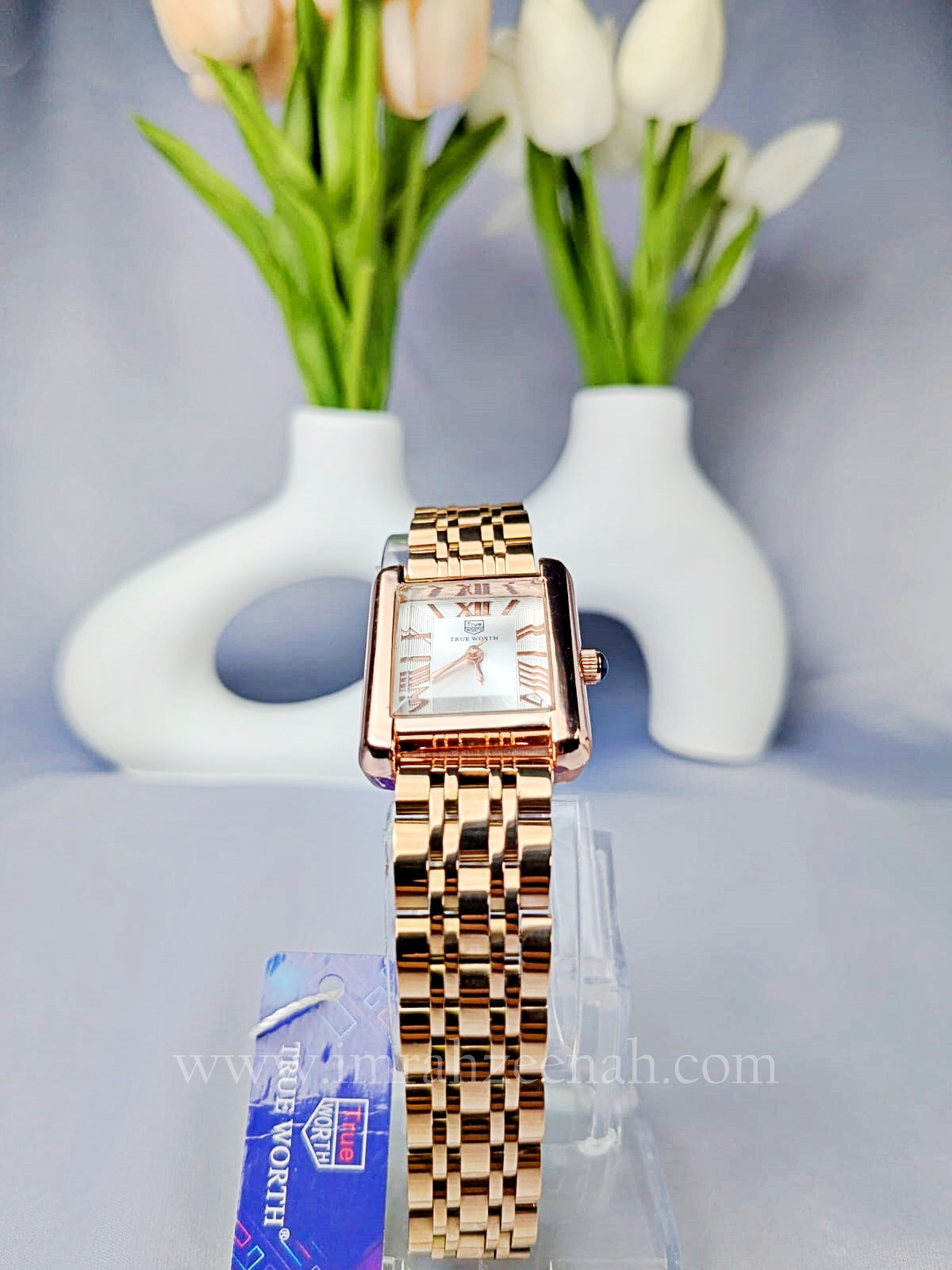 True worth rose gold ladies rectangle watch, stainless steel butterfly clasp