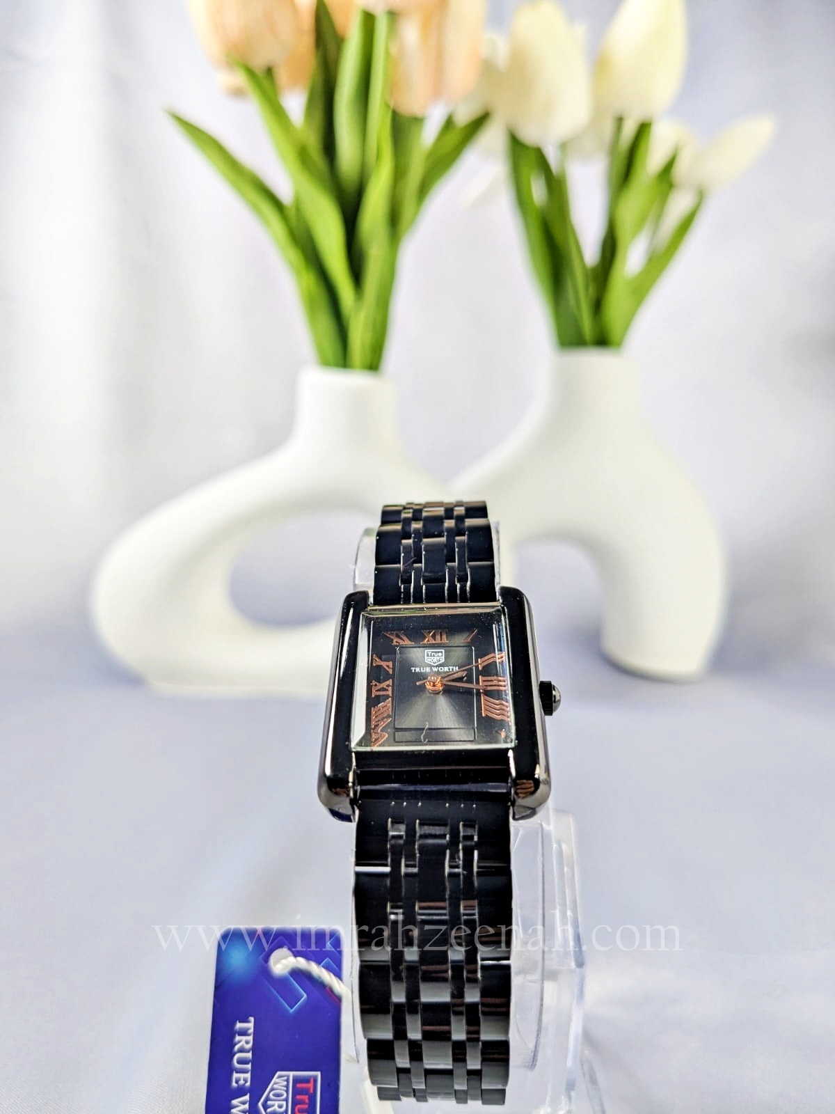 True worth black ladies rectangle watch, stainless steel butterfly clasp