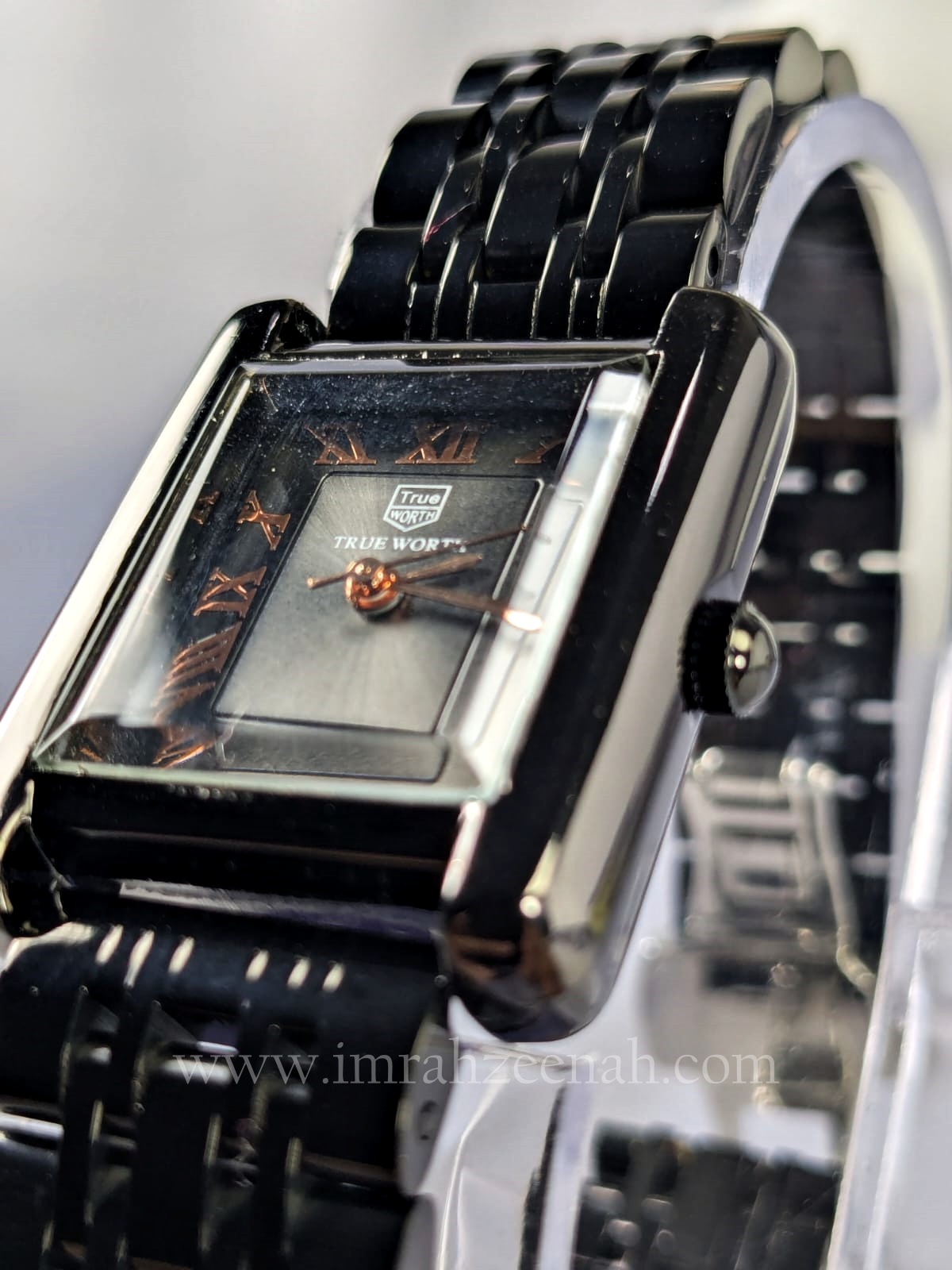 True worth black ladies rectangle watch, stainless steel butterfly clasp