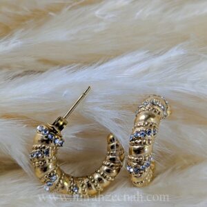 Gold Textured Hoop Earrings with Crystals – Waterproof, Anti Tarnish, Stainless Steel, Hypoallergenic Jewelry