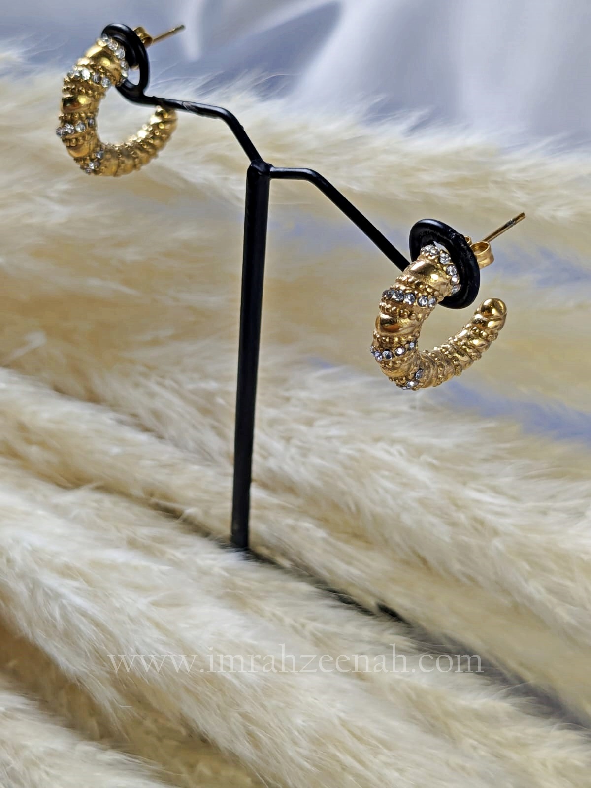 Gold Textured Hoop Earrings with Crystals – Waterproof, Anti Tarnish, Stainless Steel, Hypoallergenic Jewelry