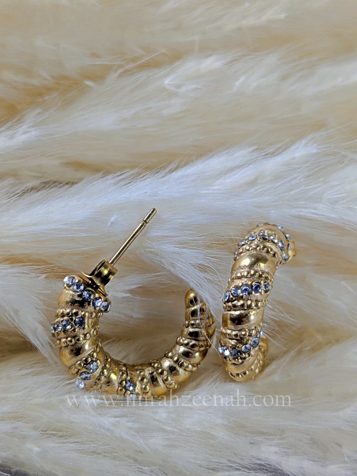 Gold Textured Hoop Earrings with Crystals – Waterproof, Anti Tarnish, Stainless Steel, Hypoallergenic Jewelry